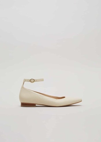 Phase Eight Leather Almond Toe Strap Ballerina Flats White Canada | KQXHFN-736